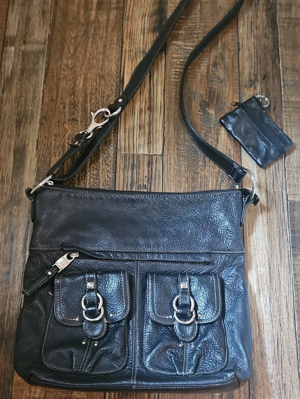 Stone Mountain Black Pebbled Leather Hobo Crossbody Bag with Dual Front‎ Pockets